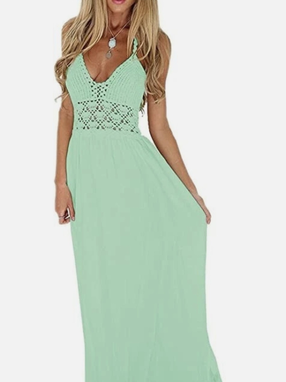 Crochet Bodice Mint Maxi Dress with V-Neck - Women
